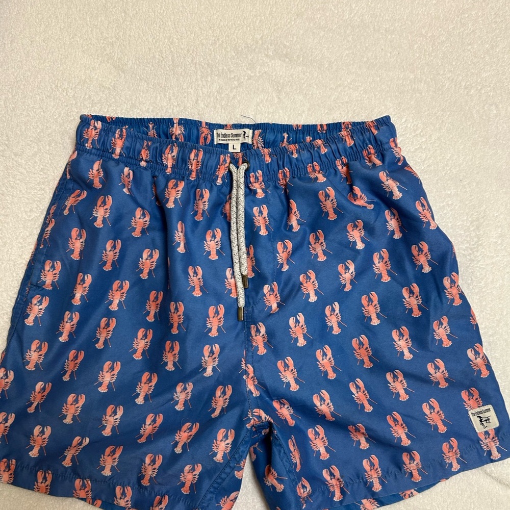 Blue and Pink Lobster Swim Trunks with Elastic Waistband